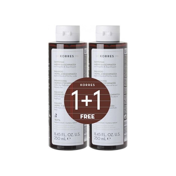 Korres Σαμπουάν Δάφνη & Echinacea για Πιτυρίδα και Ξηροδερμία 1+1 Δώρο 2x250 ml