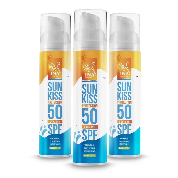 INA Essentials-Sun Kiss. Φυσικό αντηλιακό για πρόσωπο και σώμα με SPF 50 και βιολογική λευκή ελάτη